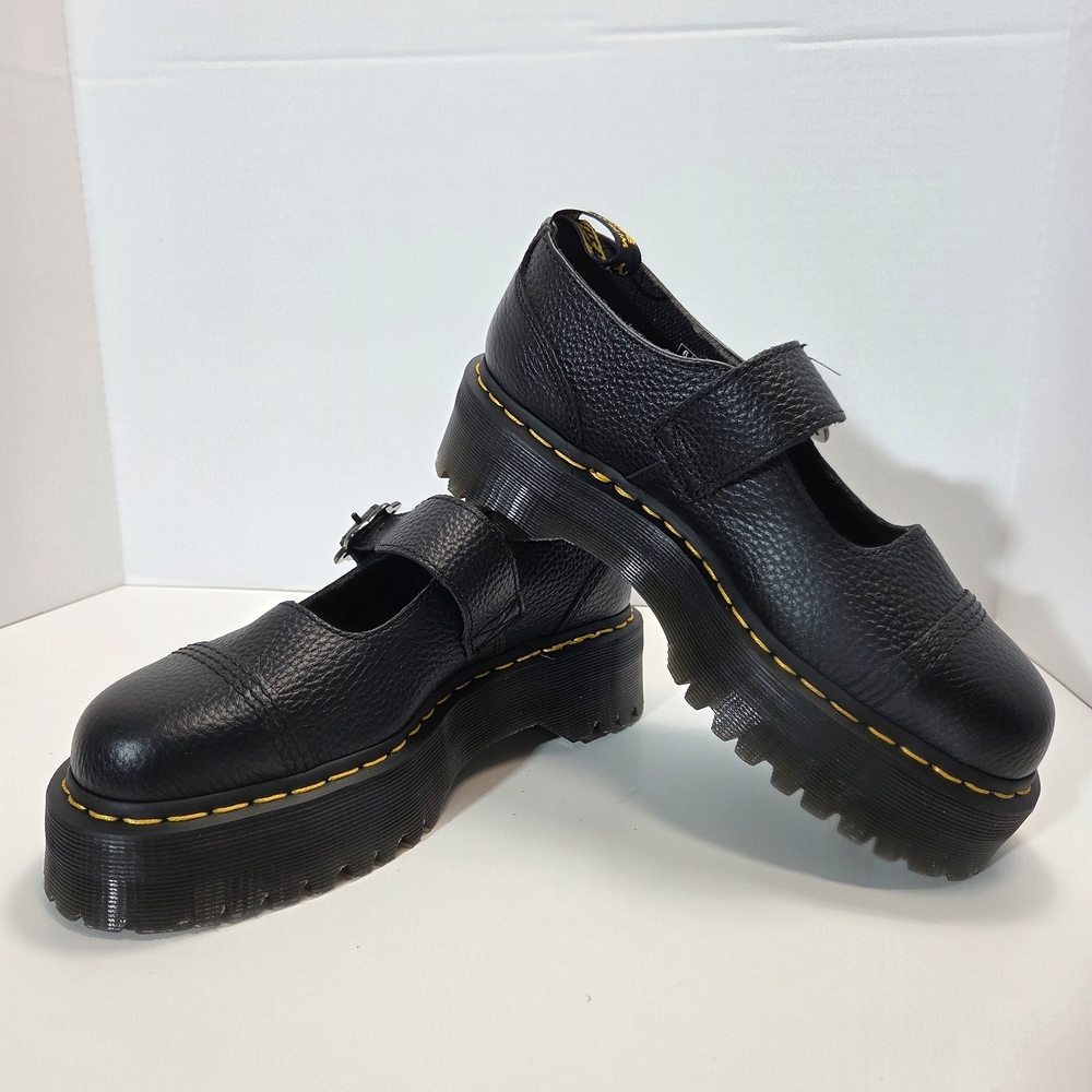 Dr. Martens Addina Flower Buckle Black Leather Flats with Yellow Stitching